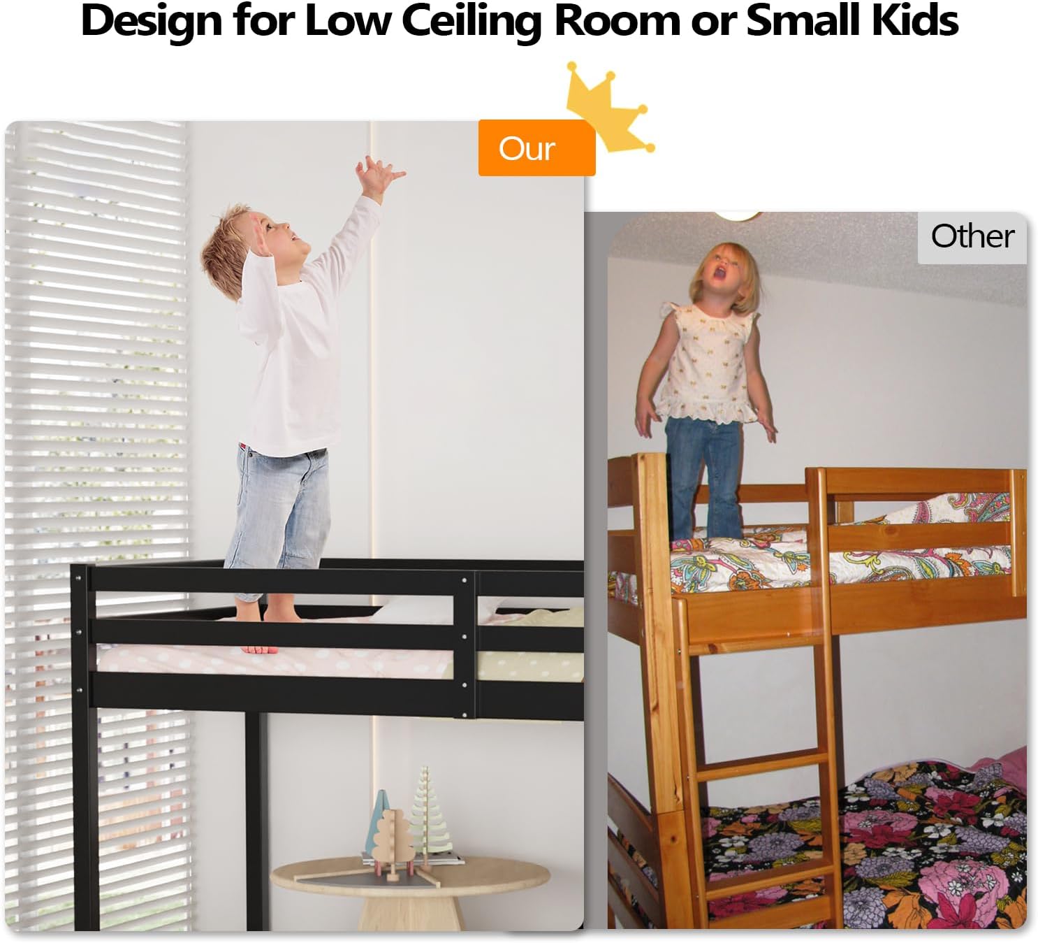 VINGLI Junior Low Loft Bed with Stairs, 47 Inches High Sleeper Bed Full Size for Adults, Kids and Young Teens, No Box Spring Required, Solid Wood Slat Support, Black