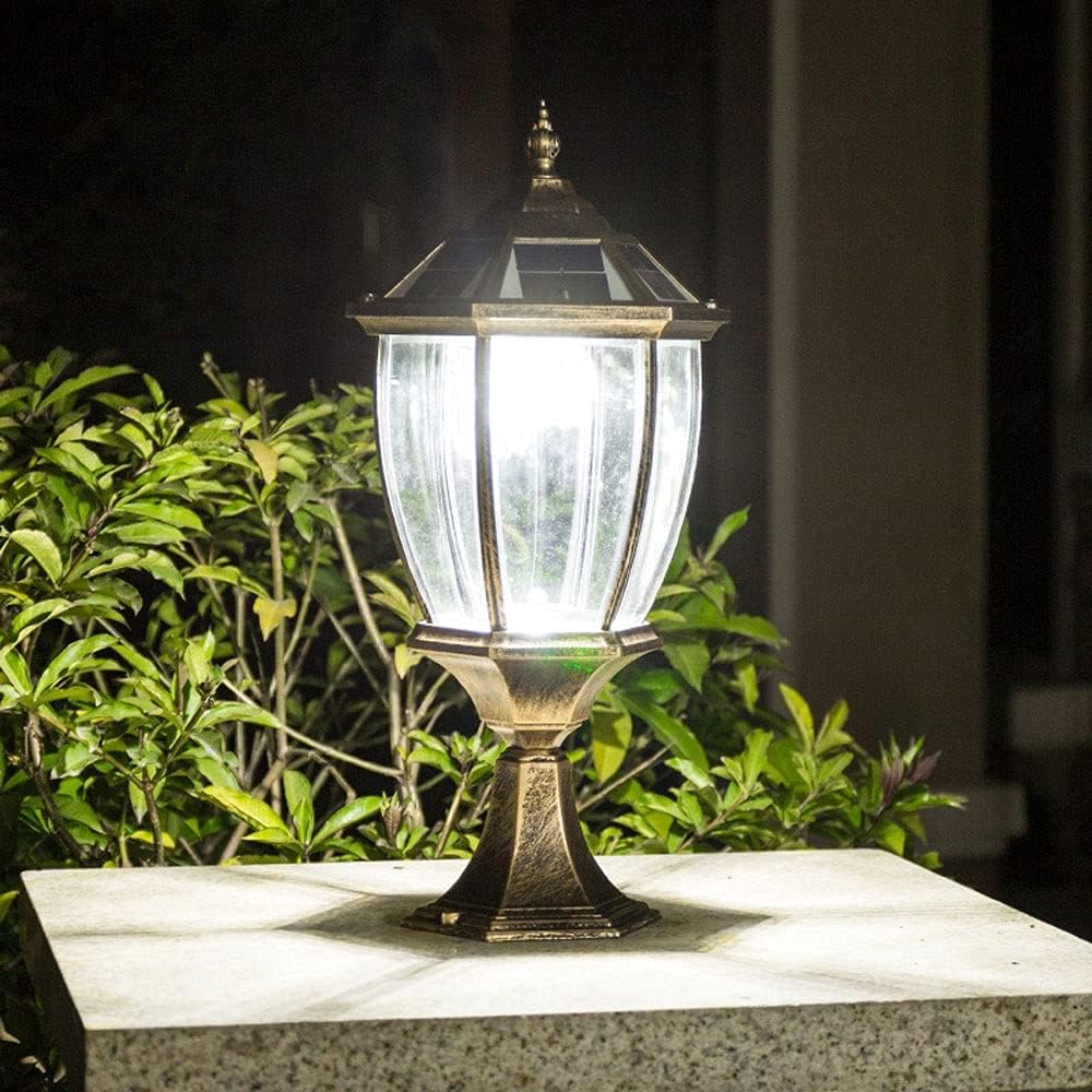 LED Solar Post Pillar Lantern Vintage Outdoor, Classic Glass Shade Aluminum Exterior Column Lamp, IP65 Bollard Lamps Outdoor Pedestal Lights Garden Landscape Lawn Lantern (Color : Brown-6000K)