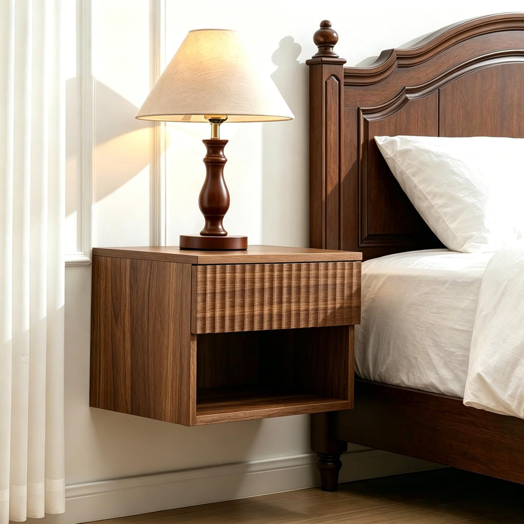 Floating Nightstand Set of 2, Wall Mounted Cabinet with Storage Drawer, Bedroom Bedside Table with LED Light, Modern Night Stand for Dorm Hallway Entryway, Walnut