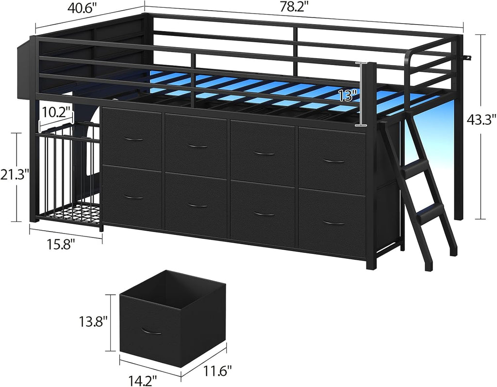 UPOSOJA Twin Size Low Loft Bed with RGB Lights & Play Zone, 8 XL Drawers, Kids Play Loft Bed with 2-Step Ladder & Anti-Tip Kit (Black)