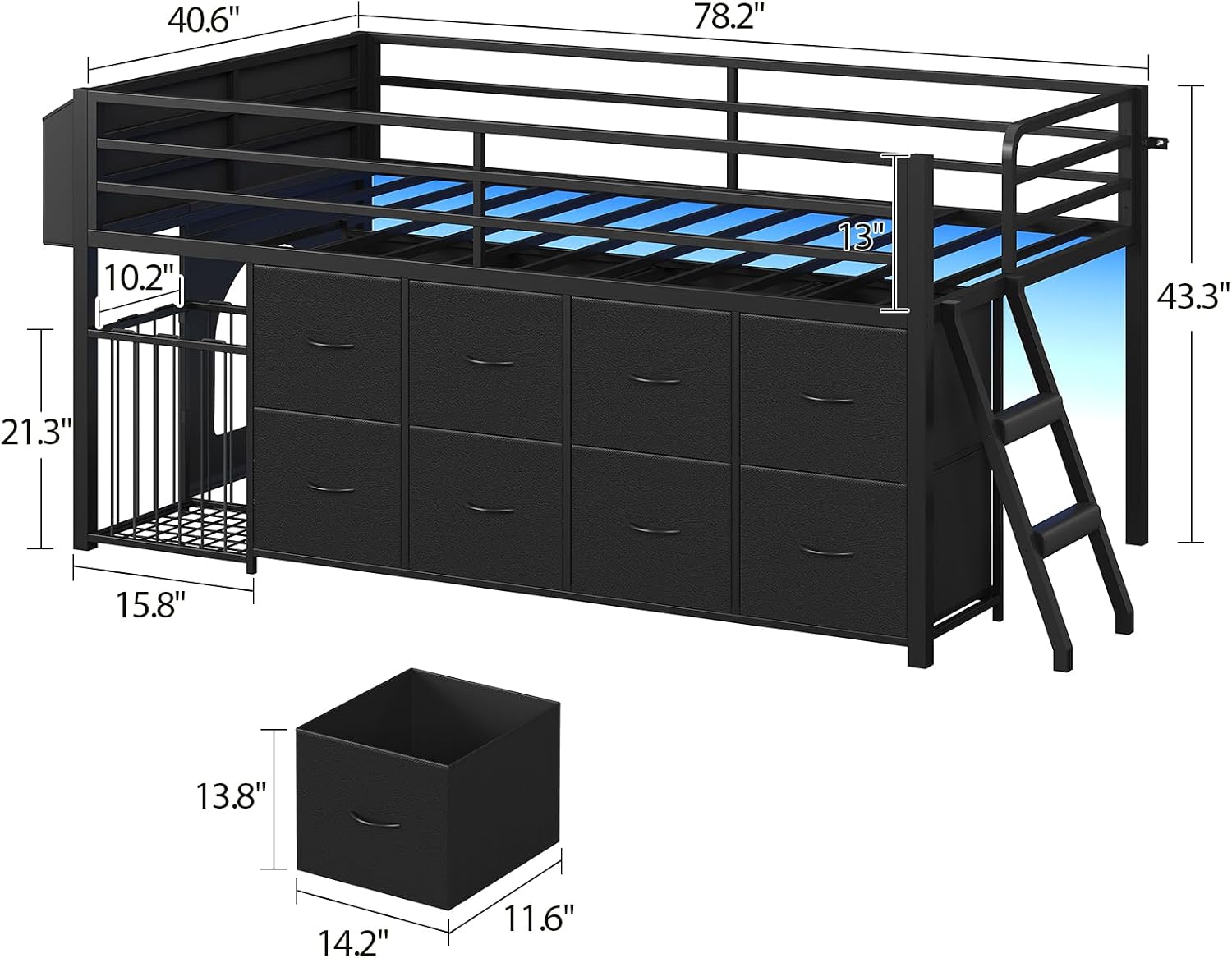 UPOSOJA Twin Size Low Loft Bed with RGB Lights & Play Zone, 8 XL Drawers, Kids Play Loft Bed with 2-Step Ladder & Anti-Tip Kit (Black)