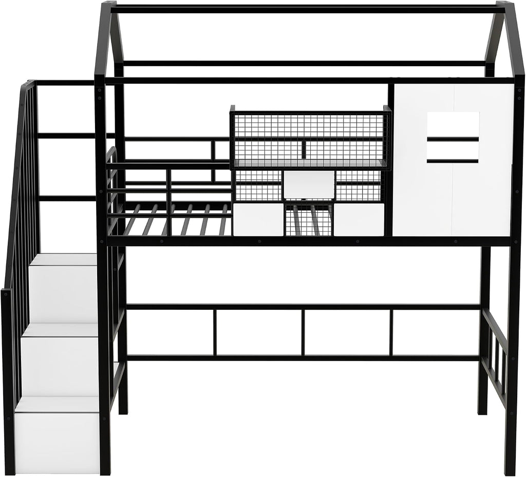 GOWE Metal Loft Bed with roof Design and a Storage Box, Twin, Black