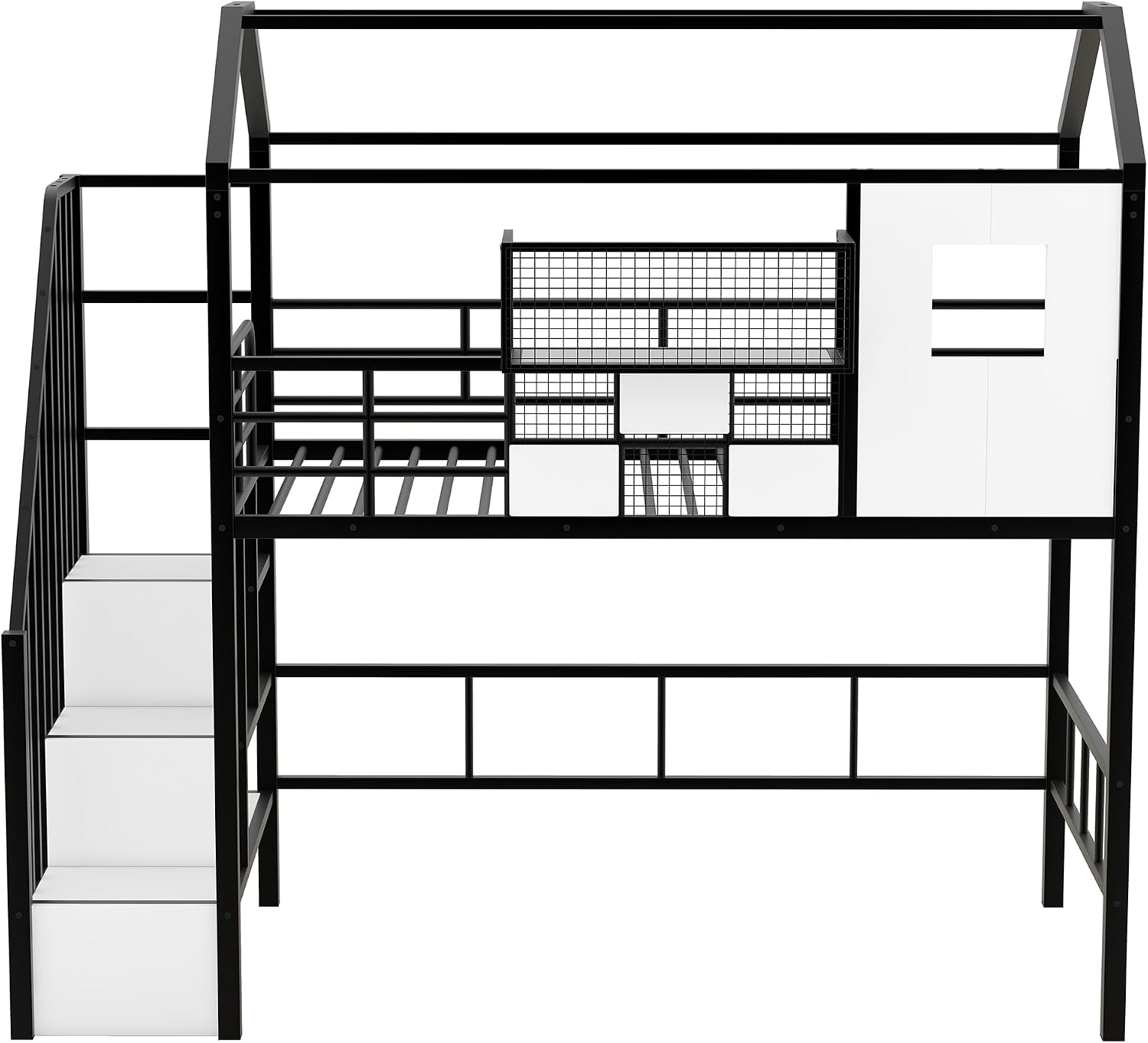 GOWE Metal Loft Bed with roof Design and a Storage Box, Twin, Black