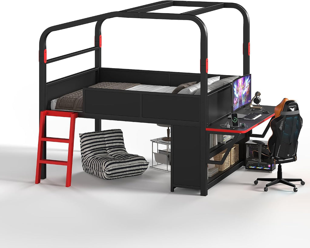 JIVOIT Full Size Metal Loft Bed with Built-in Side Desk, Gaming Style Metal Low Loft Bed with Storage Cabinets, Chic Canopy Design, Easy Assembly