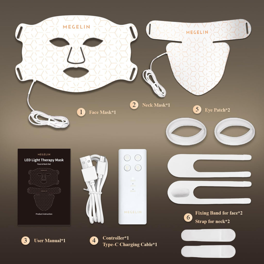 MEGELIN Led Red Light Therapy Face & Neck Mask, 7 Colors Led Light Therapy Facial Mask, Infrared Red Light Therapy Mask, Infrared Light Skin Rejuvenation(White)