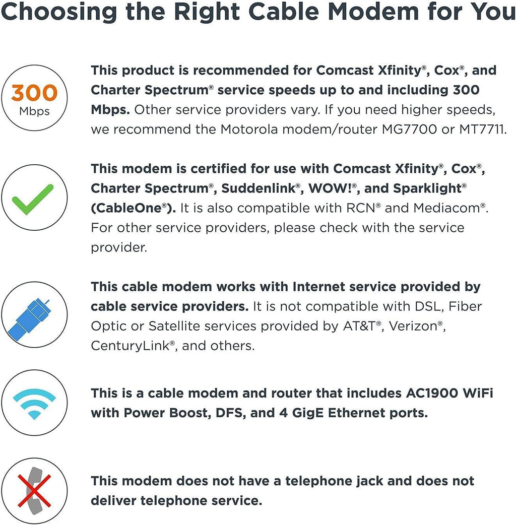 Motorola MG7550 16x4 Cable Modem Plus AC1900 Dual Band WiFi Gigabit Router with Power Boost and DFS, 686 Mbps Maximum DOCSIS 3.0 - Approved by Comcast Xfinity, Cox, Charter Spectrum, More (Black)