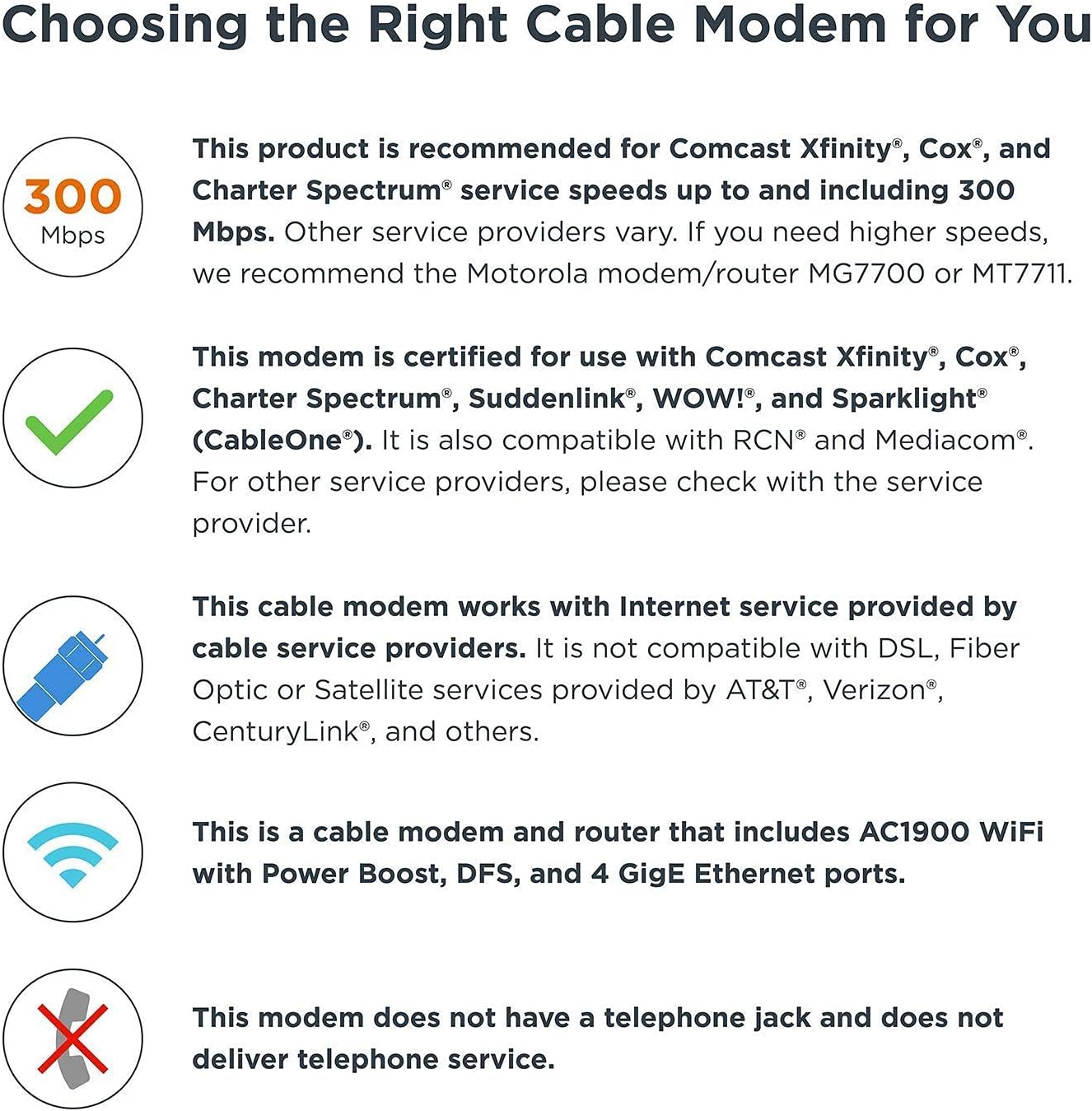 Motorola MG7550 16x4 Cable Modem Plus AC1900 Dual Band WiFi Gigabit Router with Power Boost and DFS, 686 Mbps Maximum DOCSIS 3.0 - Approved by Comcast Xfinity, Cox, Charter Spectrum, More (Black)