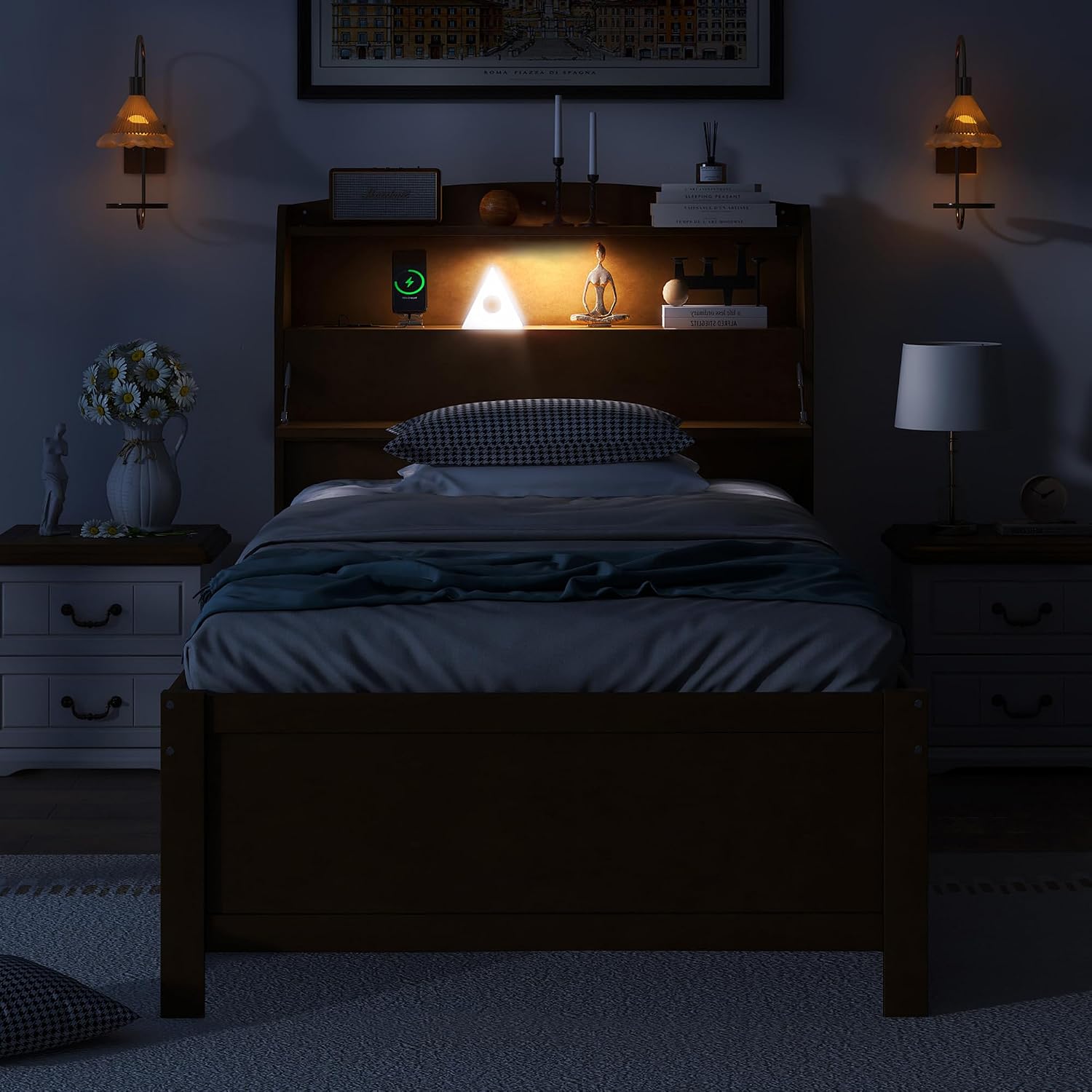 Merax Twin Size Bed Frame with Flip-Up Storage Headboard, Black Twin Bed with 3 Drawers and Trundle, Wooden Bed Frame Twin a Set of Sockets & USB Ports, No Box Spring Needed
