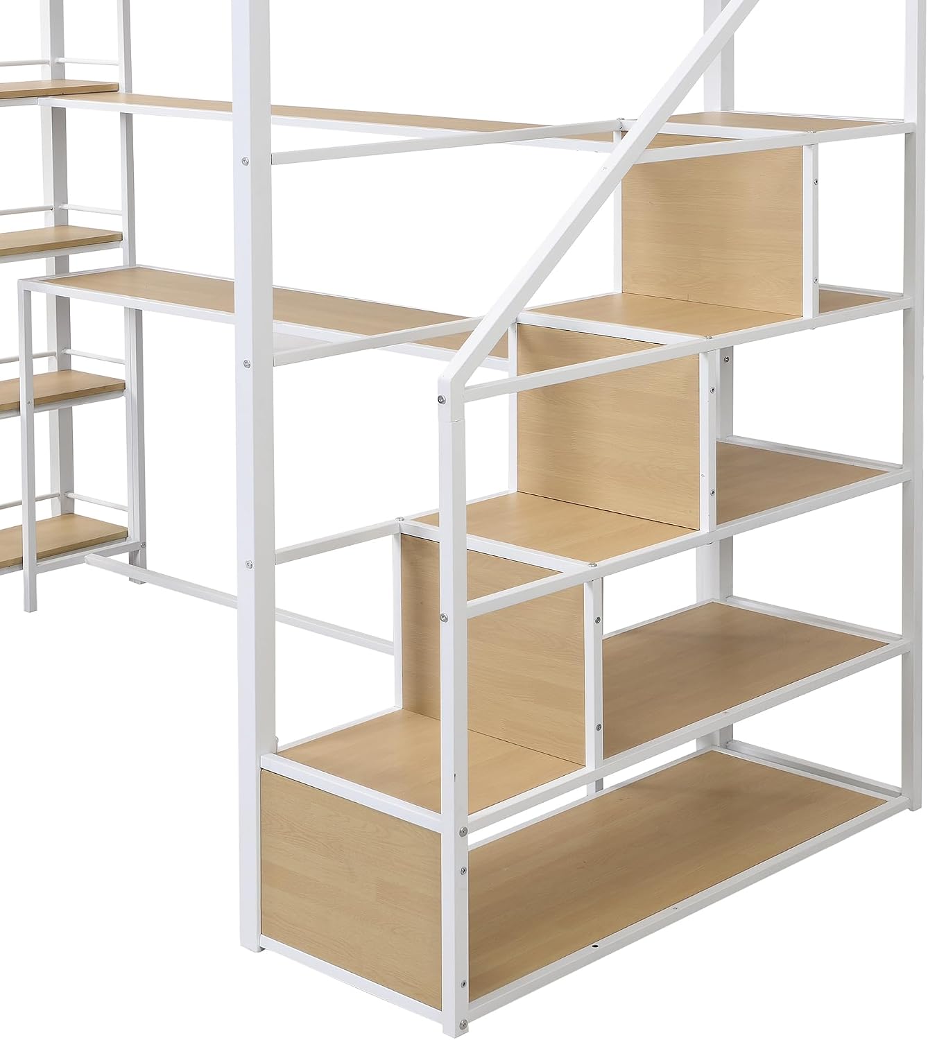 JIVOIT Metal Loft Bed with Storage Staircase, Twin Size Loft Bed with Built-in Desk and 3-Tier Storage Shelves, Space-Saving 3 in 1 Design Metal Loft Bed with Guardrails, No Box Spring Needed