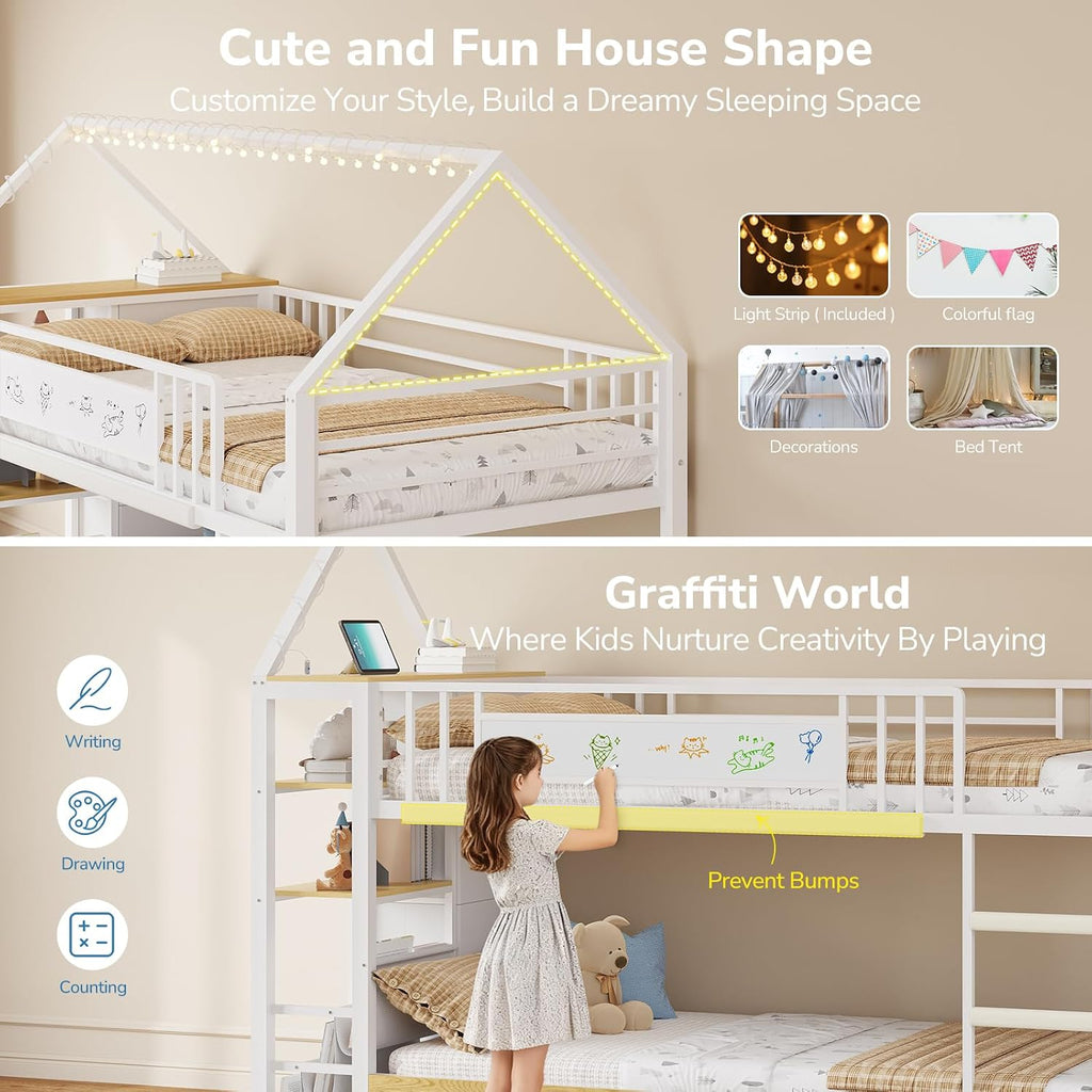 Twin Bunk Bed for Kids with 6 Storage Drawers, Montessori Bookshelf, House Shaped Bed with Globe String Lights and USB Ports, Metal Low Bunk Bed Twin Over Twin with Safety Guardrail and Ladder, White
