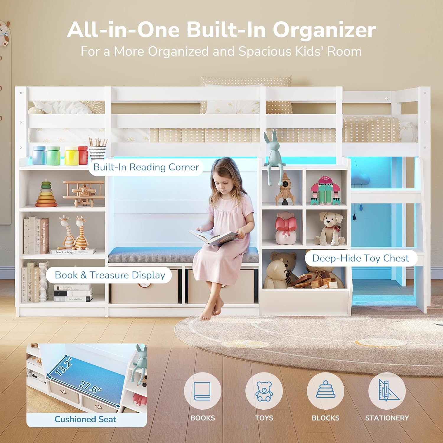 Low Loft Bed Twin Size with LED Lights, Wooden Kids Twin Loft Bed with Storage Bookcase, Toy Box, Reading Nook and Secret Play Space, Modern loft Bed with Stairs and Safety Guardrails for Boys Girls