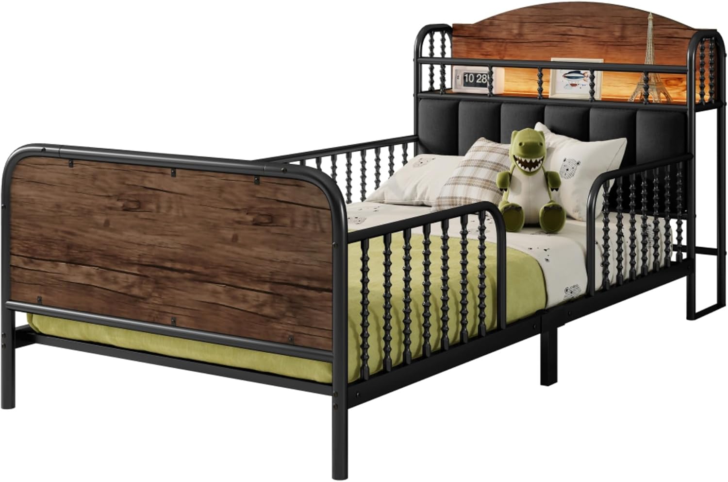 Modern Upholstered Platform Bed Frame with App Controlled LED Lights Storage Headboard Full Length Guardrails Low Profile Design Metal Structure for Bedroom (Black,Twin)