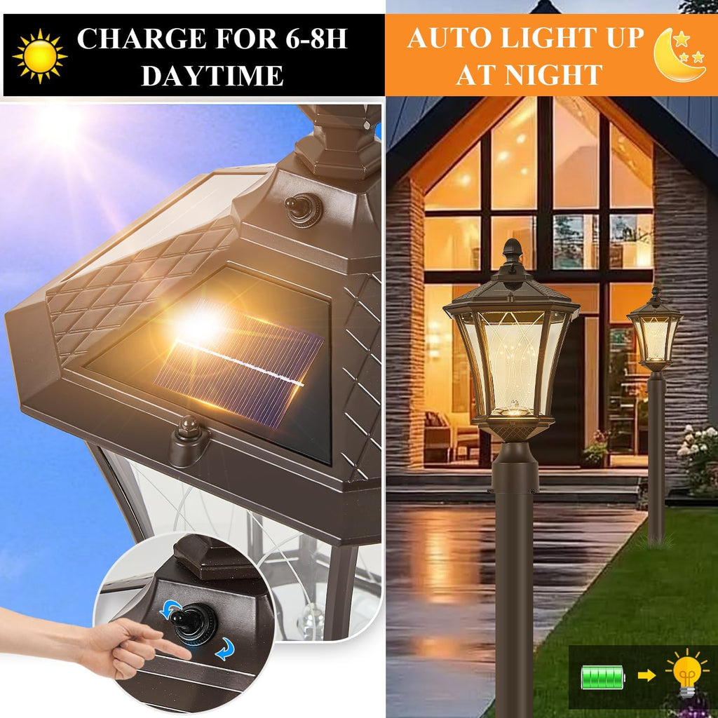Dusk to Dawn Solar Outdoor Post Lights, Brown Outside Pillar Lights with Pier Mount Base, Waterproof Aluminum Solar Pole Lamps Head with Patterned Glass for Yard, Path, Garden