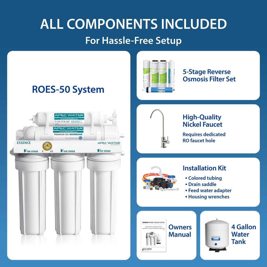 APEC Water ROES-50, 5-Stage Under Sink Reverse Osmosis Water Filter System, NSF Certified 372 & 58, 50 GPD, Reduces 99% of Impurities