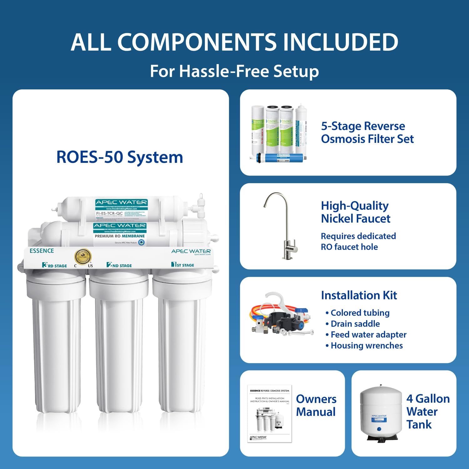 APEC Water ROES-50, 5-Stage Under Sink Reverse Osmosis Water Filter System, NSF Certified 372 & 58, 50 GPD, Reduces 99% of Impurities
