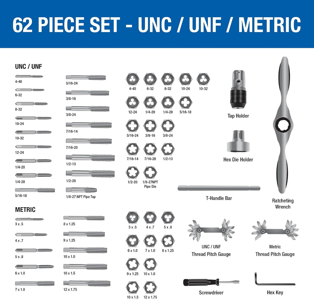 Champion Cutting Tool 62-Piece Tap and Die Set, UNC/UNF, SAE, Metric Sizes with Ratcheting Wrench, High Speed Plug Taps & Hex Dies for Metalworking, Automotive, Construction, Part# CS60P-A