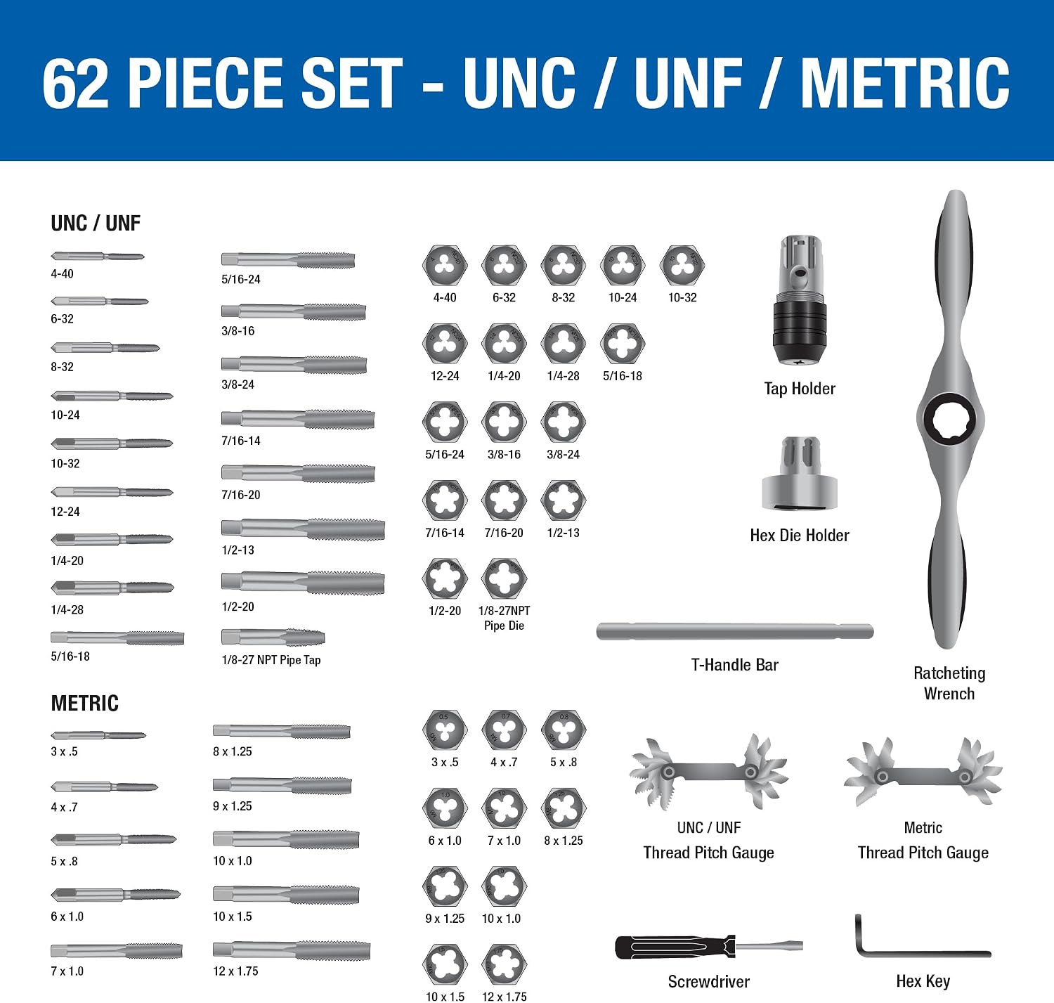 Champion Cutting Tool 62-Piece Tap and Die Set, UNC/UNF, SAE, Metric Sizes with Ratcheting Wrench, High Speed Plug Taps & Hex Dies for Metalworking, Automotive, Construction, Part# CS60P-A