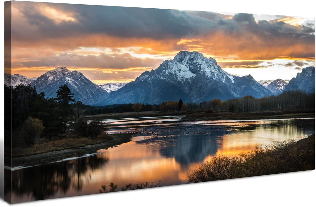 Large Mountain Wall Art for Living Room Sunset Nature National Park Posters Grand Teton Landscape Wall Decor Snake River Wyoming Scenery Canvas Prints Artwork for Bedroom Office Home Decoration 30x60'