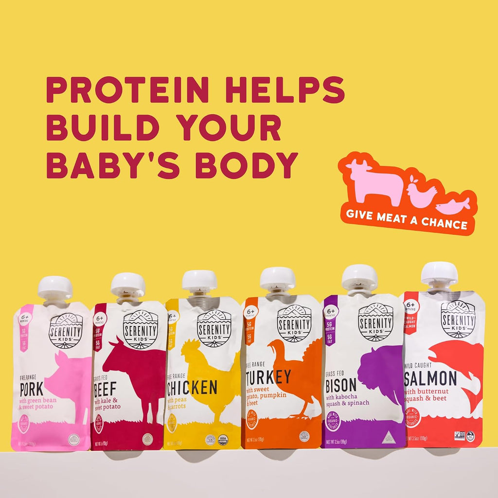 Serenity Kids 6+ Months Power Protein Pack - 24 Count, 3.5 Oz - No Added Sugar Meat Snacks Toddler Food - Portable Baby Travel Essential