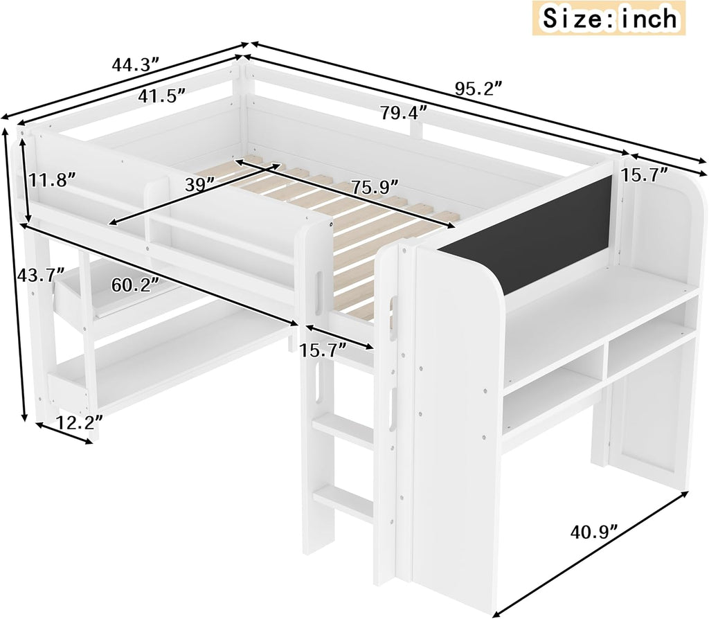 MERITLINE Twin Loft Bed with Desk & Blackboard, Twin Multi-Functional Bed with Storage, All-in-One Study & Play Design, White