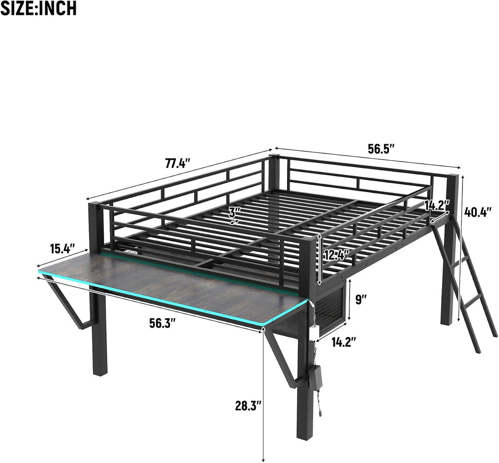 Modern Gaming Mid Loft Bed with Built-in LED Lights & Large Desk, High Sleeper Twin Size Bed with PC Gaming Setup for Teenagers, Space-Saving Furniture for Small Room (Black + Full)
