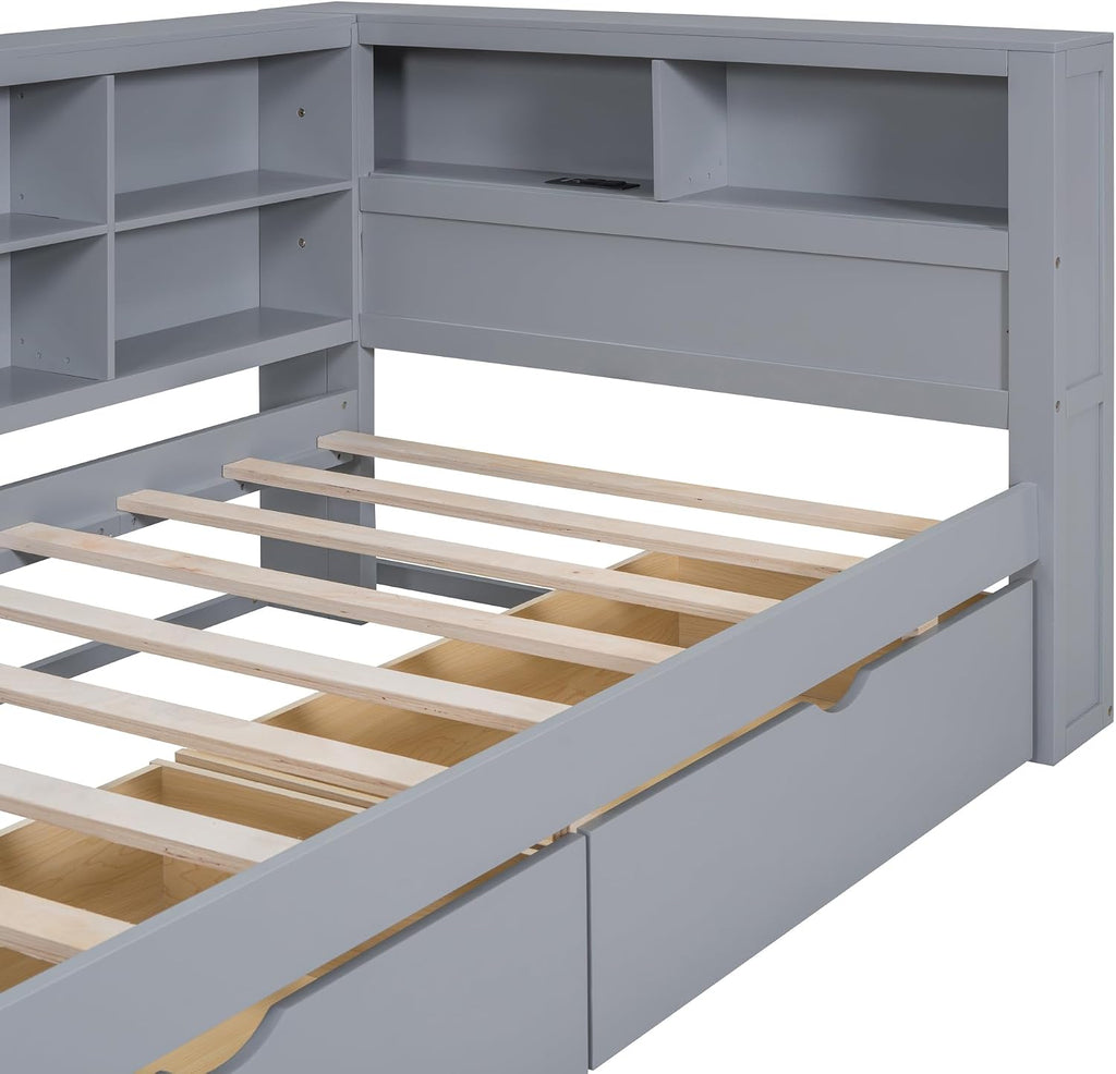Twin Size Daybed with 2 Drawers,Minimalist Wooden Sofa Bed Frame with Storage Shelf and USB Charging Ports for Bedroom, Studyroom, Guestroom, Livingroom (Grey-wd56)