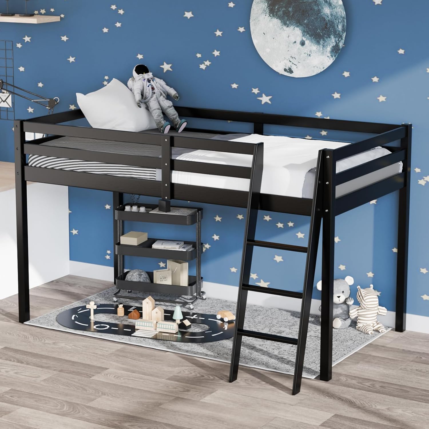 VINGLI Junior Low Loft Bed with Stairs, 47 Inches High Sleeper Bed Full Size for Adults, Kids and Young Teens, No Box Spring Required, Solid Wood Slat Support, Black