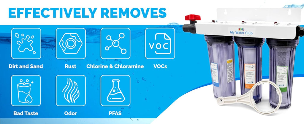Whole House 3-Stage Water Filtration System, 3/4' port with 2 valves and extra 1 year filter supply (2 sets, 6 pcs)