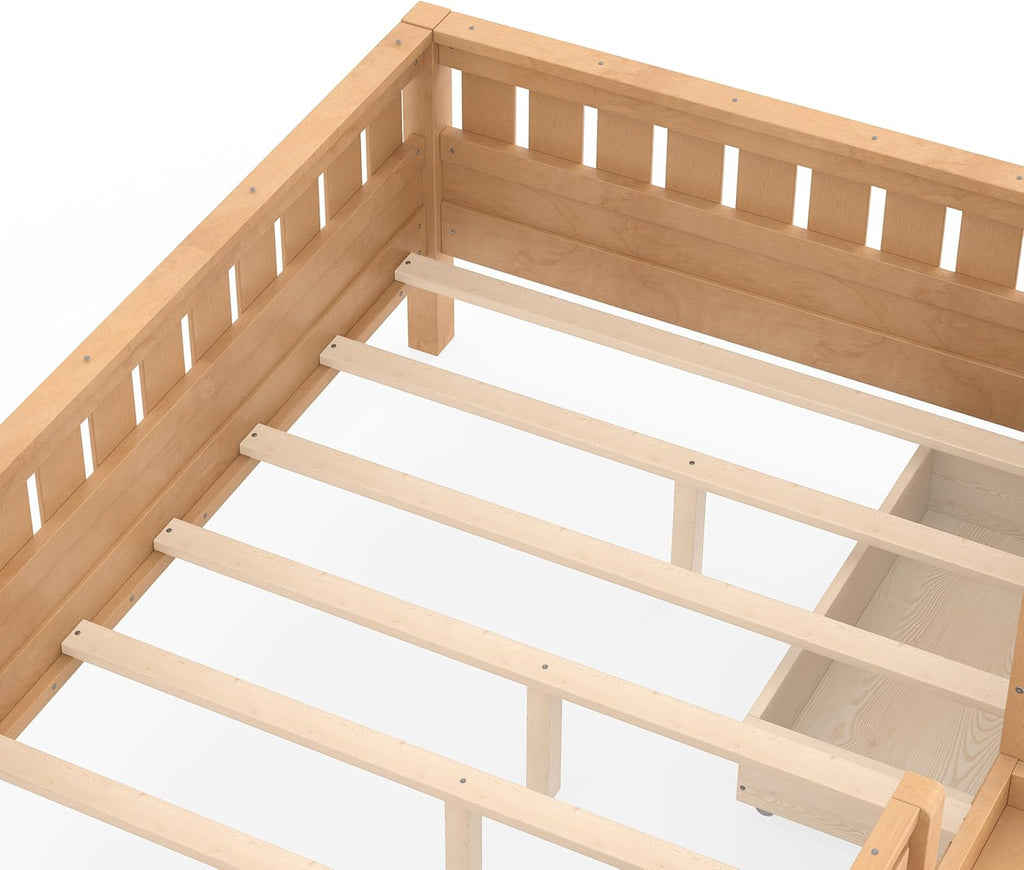 Bellemave Full Kids Montessori Bed with Stairs, Bookshelf and Drawers, Solid Wood Kids Bed Frame with Storage for Boys Girls, Low Profile,Light Natural