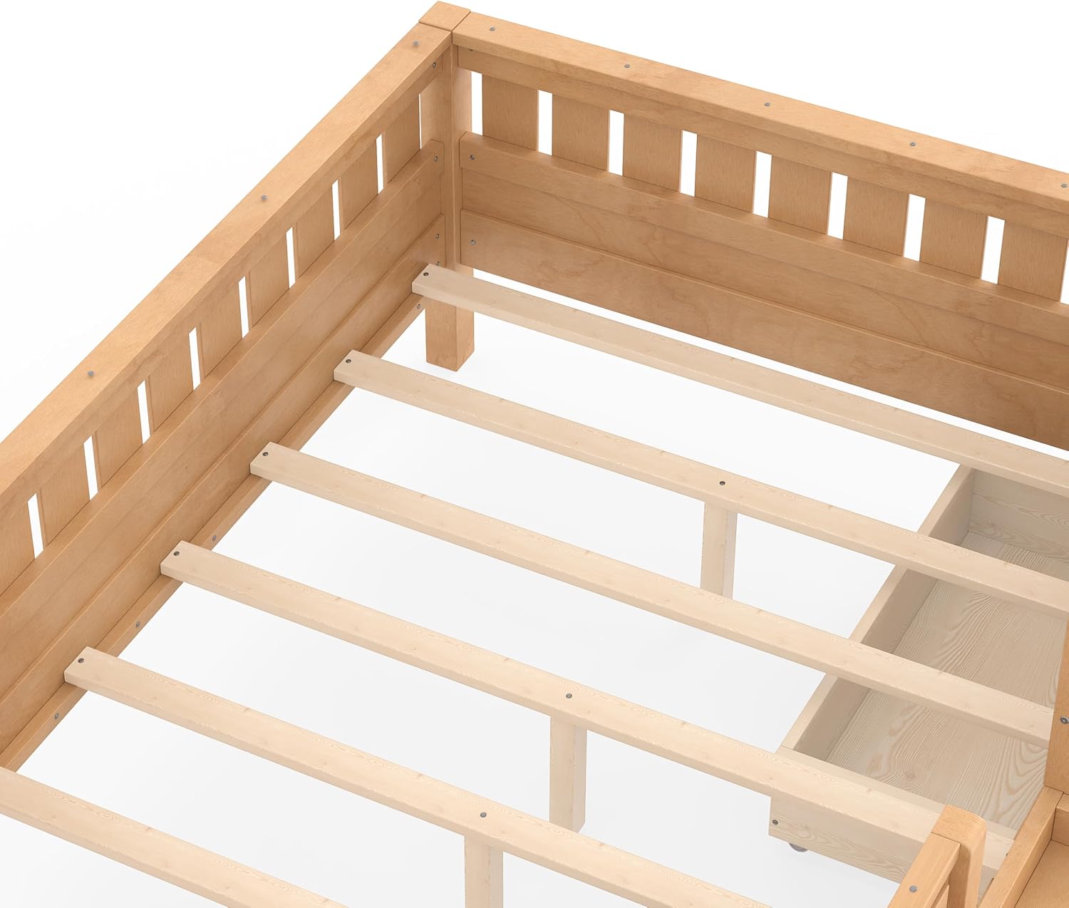 Bellemave Full Kids Montessori Bed with Stairs, Bookshelf and Drawers, Solid Wood Kids Bed Frame with Storage for Boys Girls, Low Profile,Light Natural