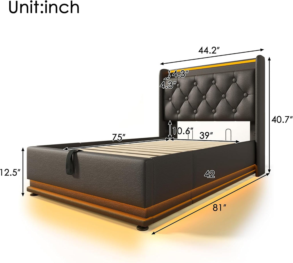 Twin Size Upholstered Bed Frame with 360° LED Lights, Hydraulic Storage, USB Charging, Modern Platform Bed with Headboard, Remote App Control for Teen, Guest Room, Small Space (Black + Twin)