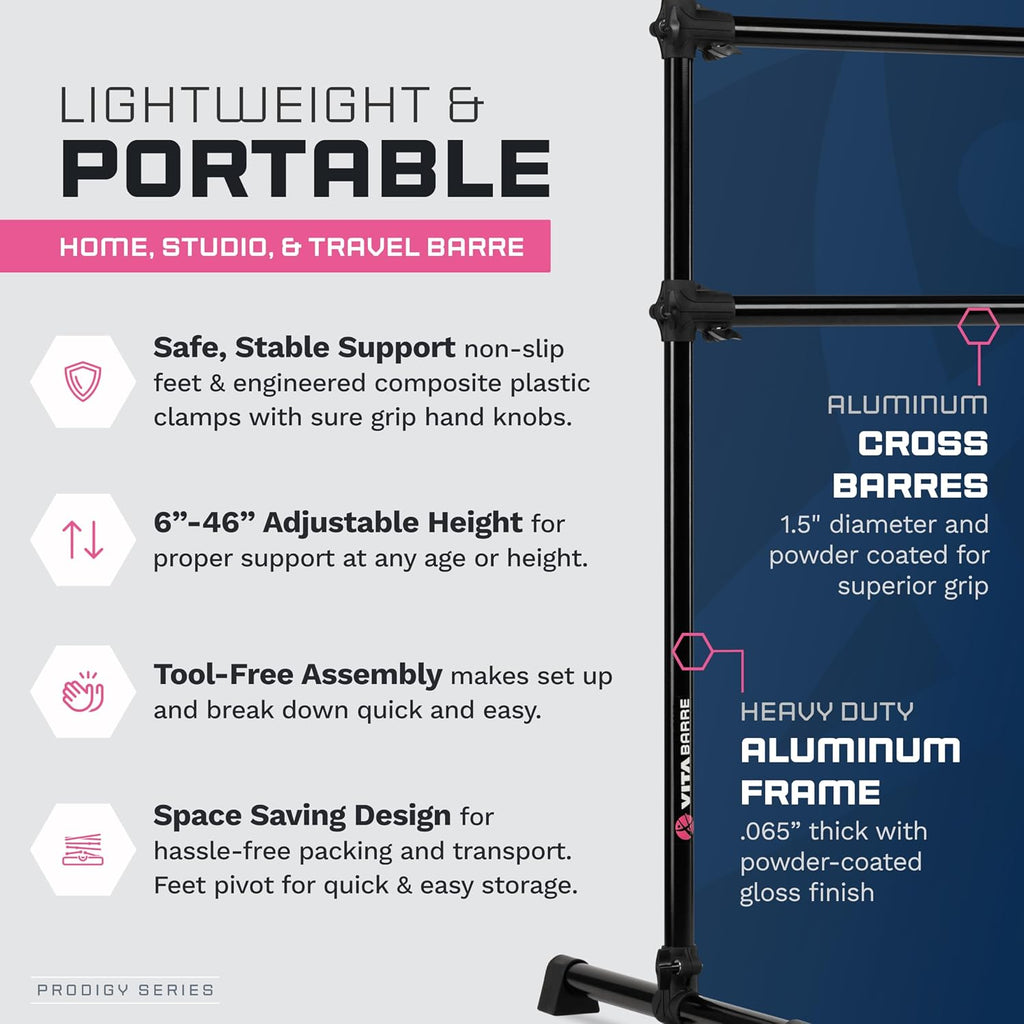 VITA Barre Portable Freestanding Double Ballet Barre, Prodigy, Aluminum | Adjustable Height, USA Made, Home or Gym Exercise Equipment for Kids & Adults | Dance, Fitness, Pilates