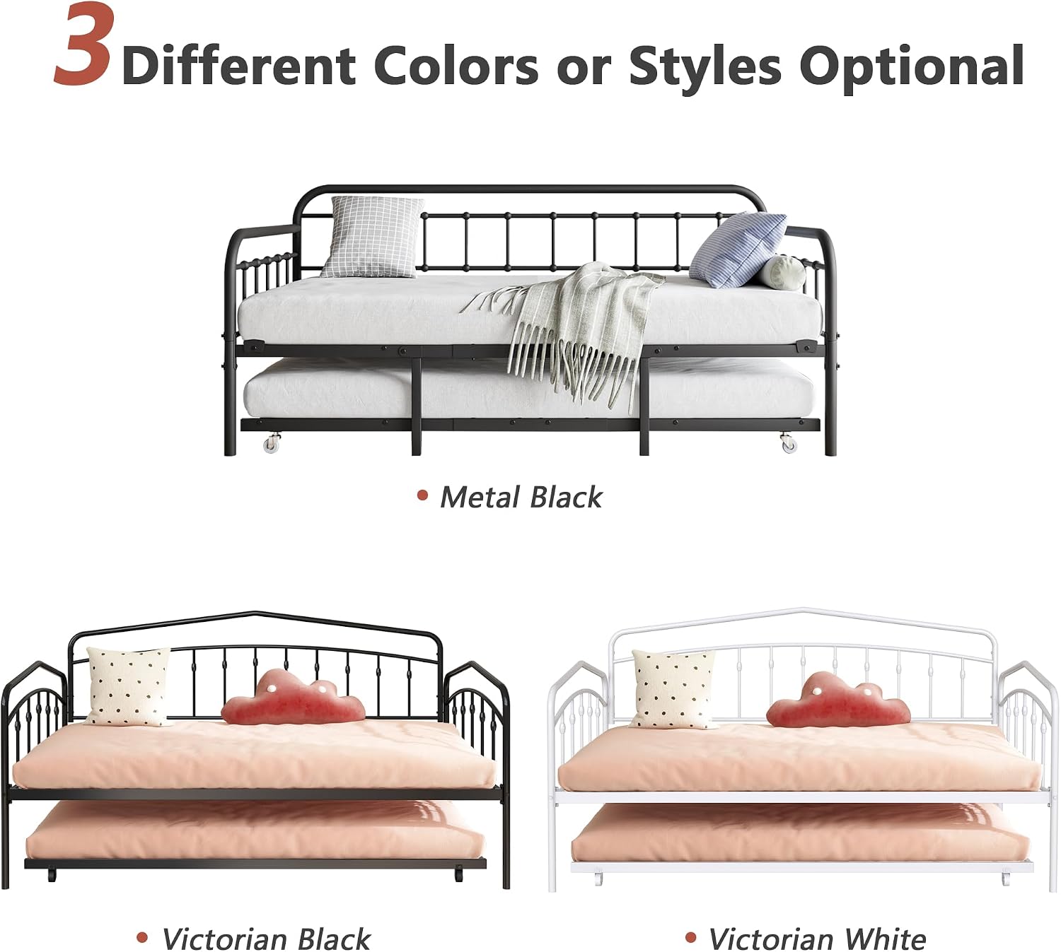 mikibama Twin Daybed with Trundle,Victorian Metal Daybeds with Pull Out Trundle,Vintage Guest Day Bed Frame Twin Size for Living Room,Bedroom,Apartment (Victorian Black with Trundle)