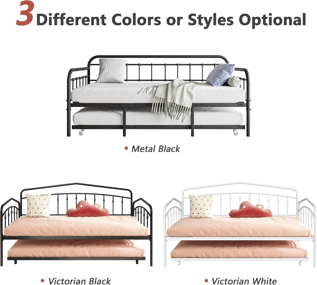 mikibama Twin Daybed with Trundle,Victorian Metal Daybeds with Pull Out Trundle,Vintage Guest Day Bed Frame Twin Size for Living Room,Bedroom,Apartment (Black with Trundle)