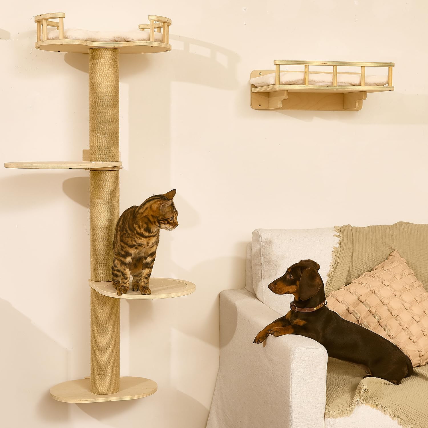 FUKUMARU Cat Wall Shelves, 4 in 1 Stable Wooden Wall-Mounted Furniture Set, Climbing Tree with Hammock, Bed, Perch and Scratching Mat (Beige)