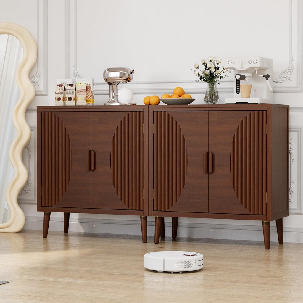 COSIEST Set of 3 30' Storage Sideboards with Doors, Accent Cabinets with Magnetic Push-to-Open Doors, Brown Line Pattern, Entryway Console for Living Room, Kitchen, Hallway