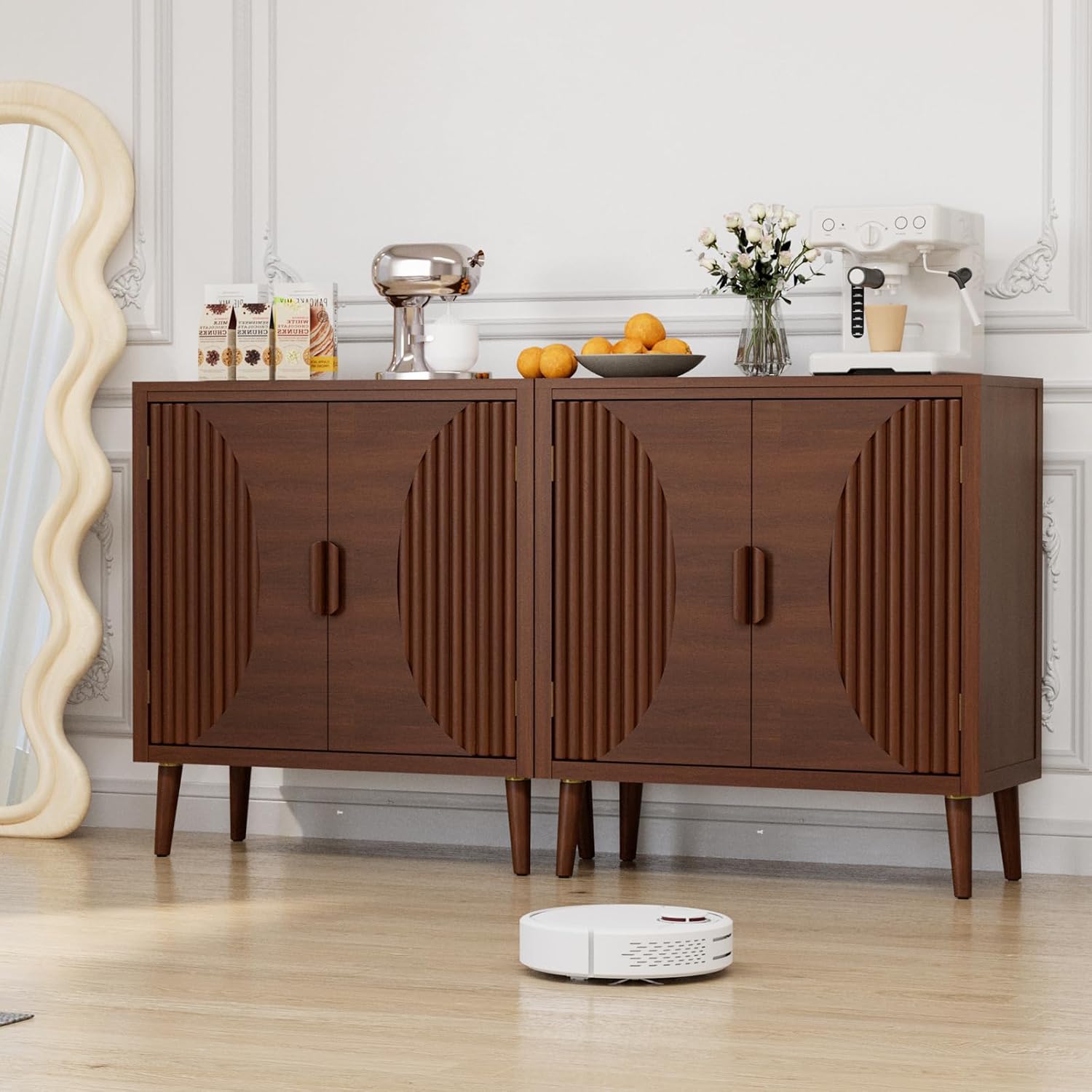 COSIEST Set of 3 30' Storage Sideboards with Doors, Accent Cabinets with Magnetic Push-to-Open Doors, Brown Line Pattern, Entryway Console for Living Room, Kitchen, Hallway