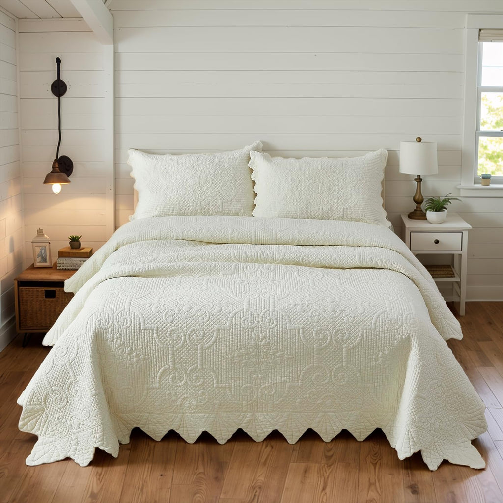 Brandream King Size Quilt Set Cotton Scalloped Quilt Cream Yellow 3 Piece | Real Stitching