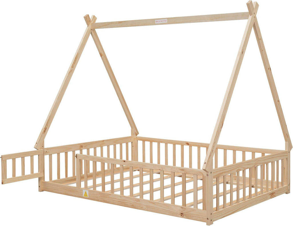 Full Size Tent-Shaped Floor Bed with Door, House Platform Bed Tent Bed Frame with Fence-Shaped Guardrails and Wood Slats Support, Wood Floor Play House Bed for Kids Boys Girls Teens (Natural,2)