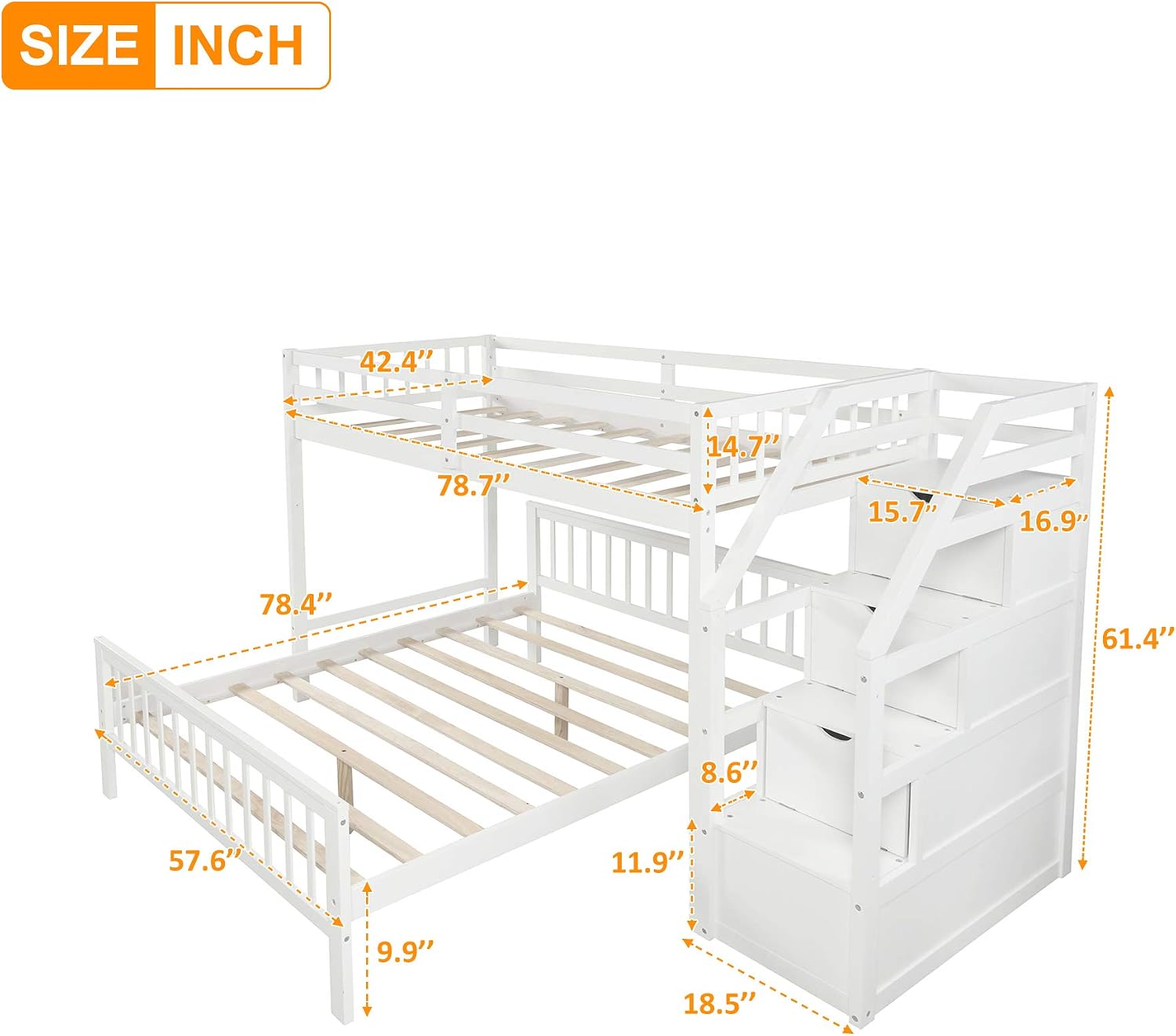 Harper & Bright Designs Twin Over Full Loft Beds, Bunk Beds Twin Over Full with Stairway and Storage, Full-Length Guardrail, No Box Spring Needed (White, Twin over Full)