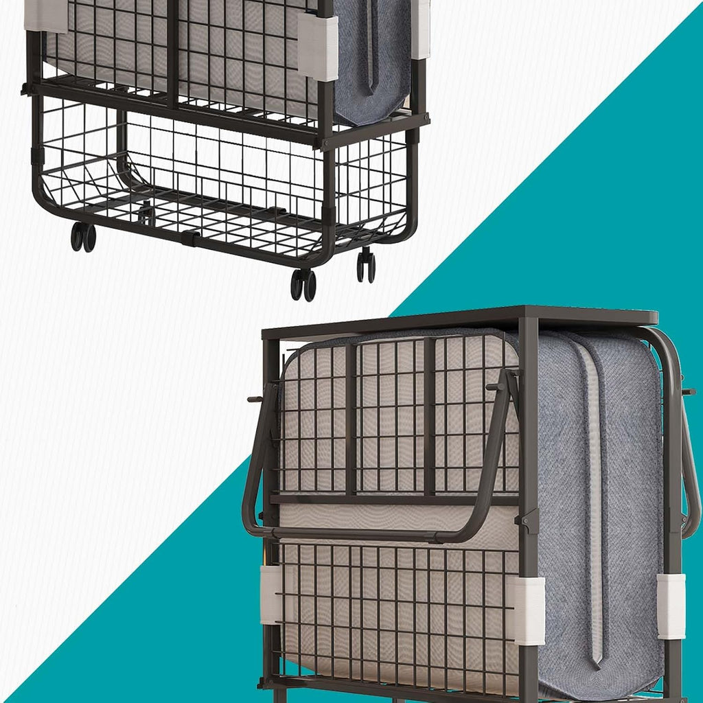BALUS Folding Bed with Mattress for Adults, 75' x 31' Rollaway Bed with Head Baffle & Mesh Storage Basket, Fold Up Beds for Guests, Foldable Frame with Locking Casters for Easy Moving（Upgrade）