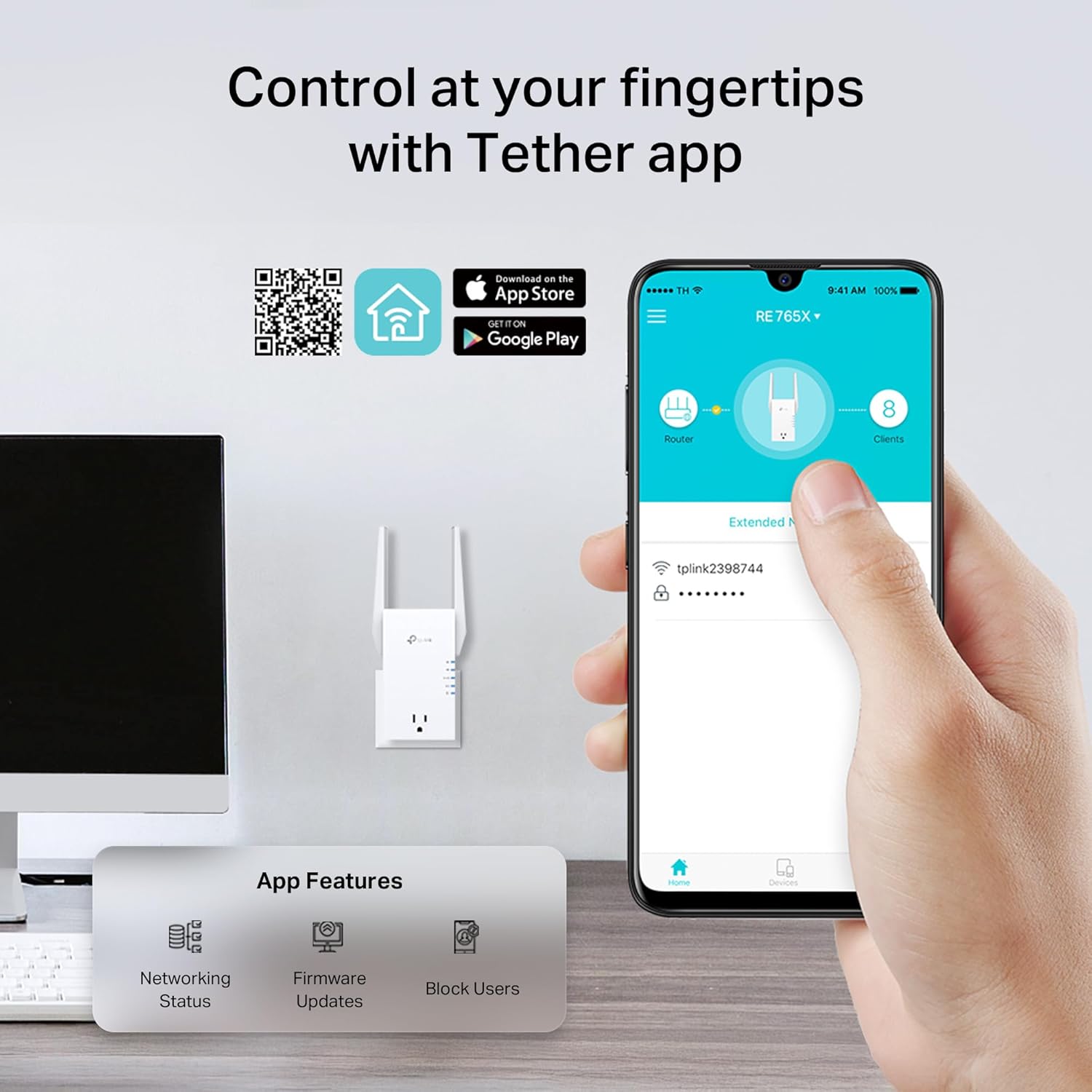 TP-Link RE765X AX3000 WiFi 6 Range Extender w/Smart Plug Integrated Passthrough | Dual-Band Wireless Repeater w/Ethernet Port | Up to 2400 Sq. Ft., 64 Devices | EasyMesh Compatible | App Setup