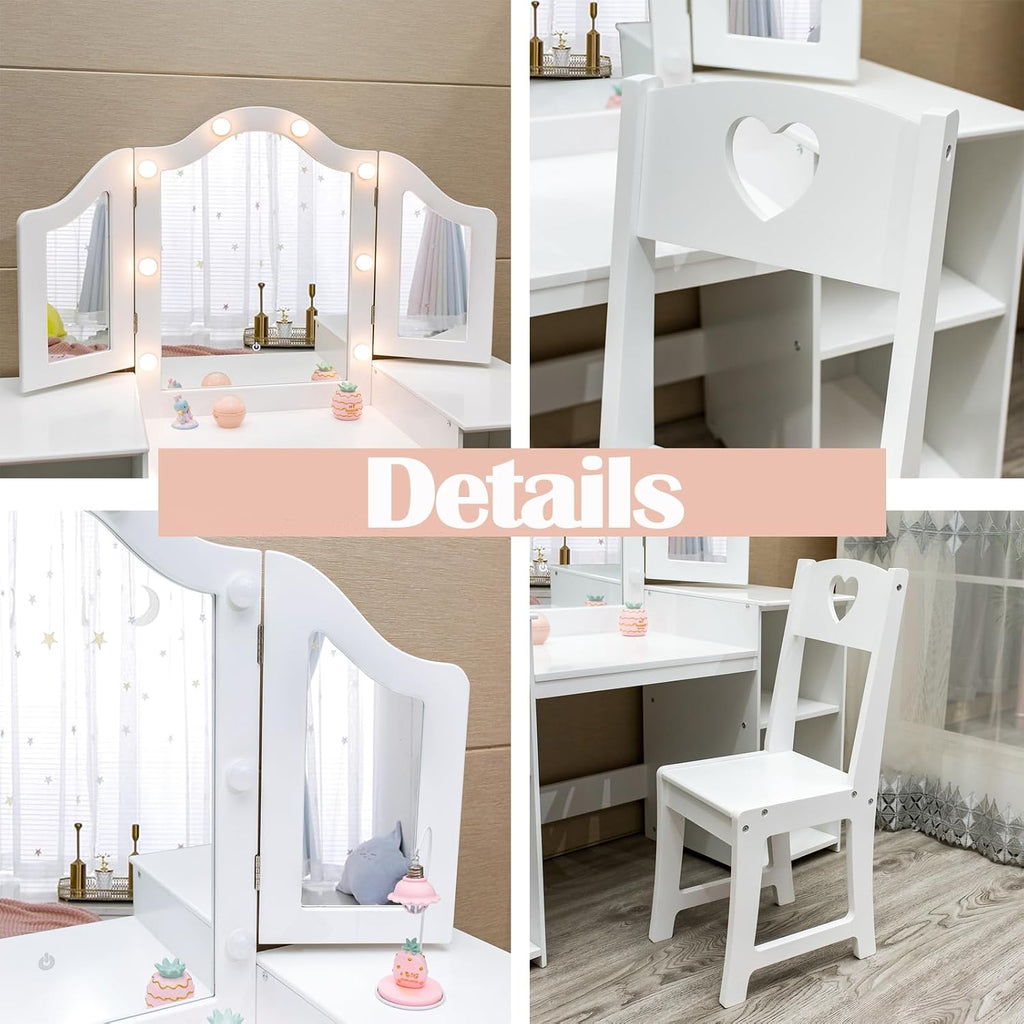 Kids Vanity Table and Chair Set, 2 in 1 Princess Vanity with Touch Light Tri-Folding Mirror, Detachable Makeup Wood Desk with Storage Shelves, Convertible Kids Desk for Girls，White