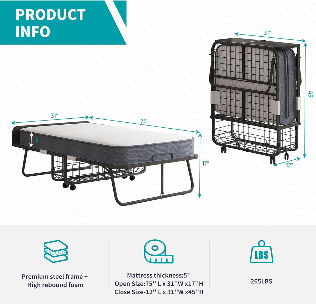 BALUS Folding Bed with Mattress for Adults, 75' x 31' Rollaway Bed with Head Baffle & Mesh Storage Basket, Fold Up Beds for Guests, Foldable Frame with Locking Casters for Easy Moving（Upgrade）