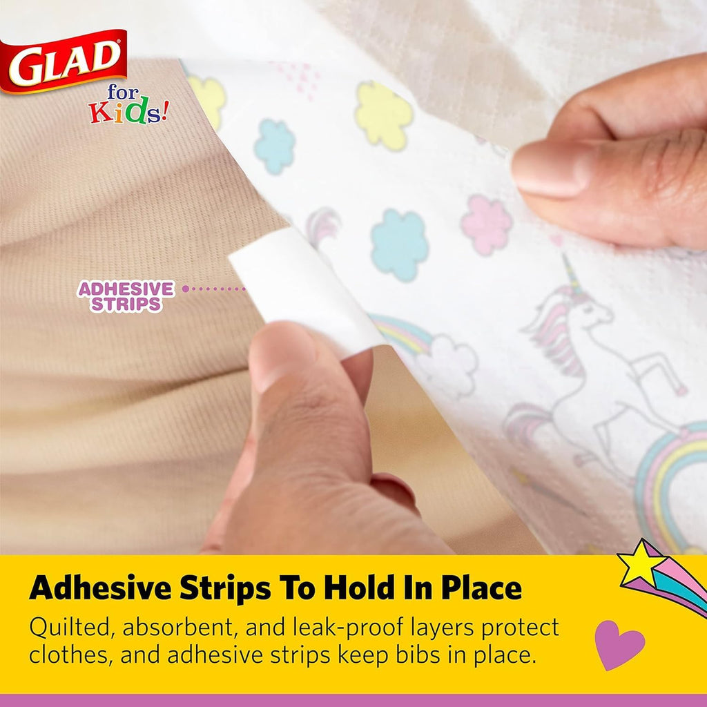 Glad for Kids Unicorn Disposable Paper Bibs with Crumb Catcher, Absorbent Leakproof Bibs for Toddlers and Babies, Mess Free Feeding, Crafts, Parties, and Travel Use, 30 Count - 24 Pack