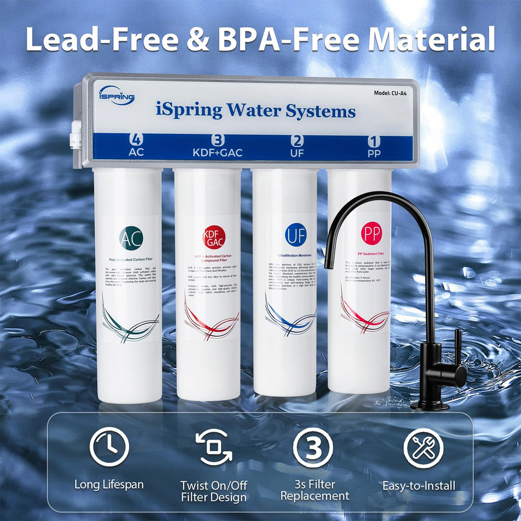 iSpring CUA4-BLK 0.01 Micron Ultra Filtration Under Sink Water Filter System, High Capacity Tankless 4-Stage Ultrafiltration Water Filter, Removes 99.99% Contaminants, Quick Filter Change with Faucet