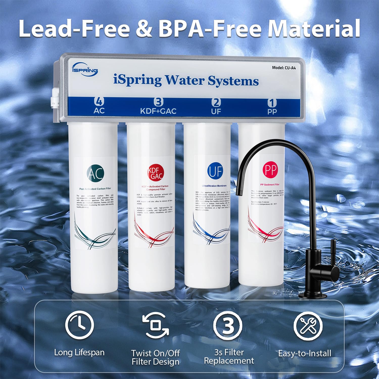 iSpring CUA4-BLK 0.01 Micron Ultra Filtration Under Sink Water Filter System, High Capacity Tankless 4-Stage Ultrafiltration Water Filter, Removes 99.99% Contaminants, Quick Filter Change with Faucet