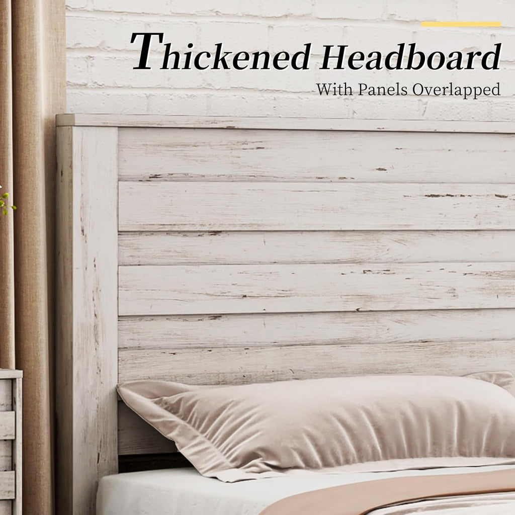 LUXOAK Farmhouse Queen Bed Frame with 49' Tall Headboard, Wooden Platform Bed with Hidden Metal Bed Frame, No Box Spring Needed/Noise Free, Distressed White