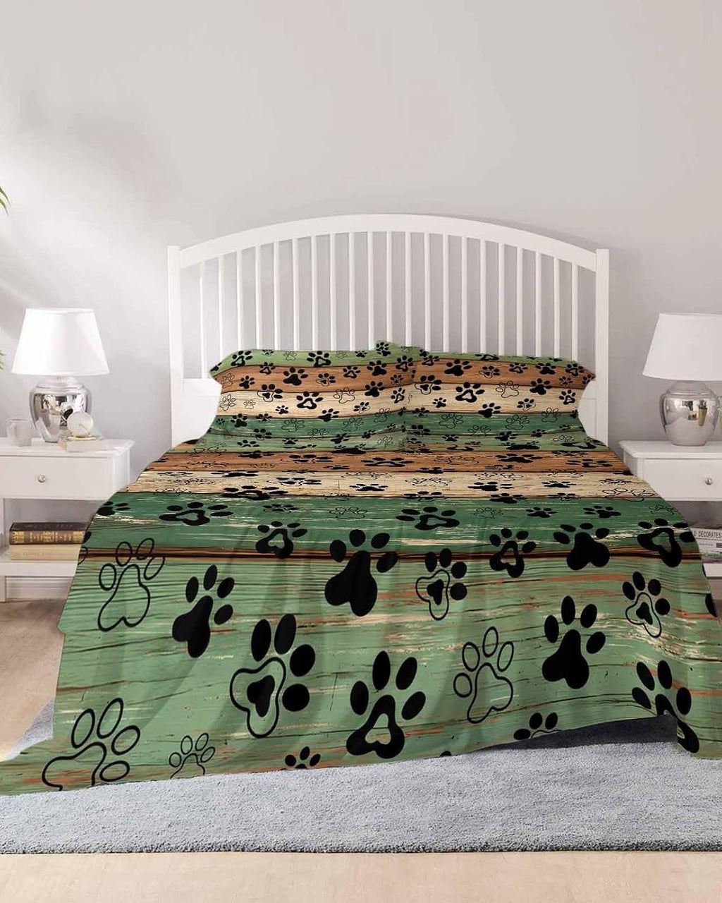 Dark Sage Green Brown Cal King Sheet Set 4 Piece Bedding - Farmhouse Dog Paw Vintage Breathable Comfy Cooling Bed Sheets & Pillowcase Sets, Hotel Luxury Flat Sheets Deep Pockets Fitted Sheet