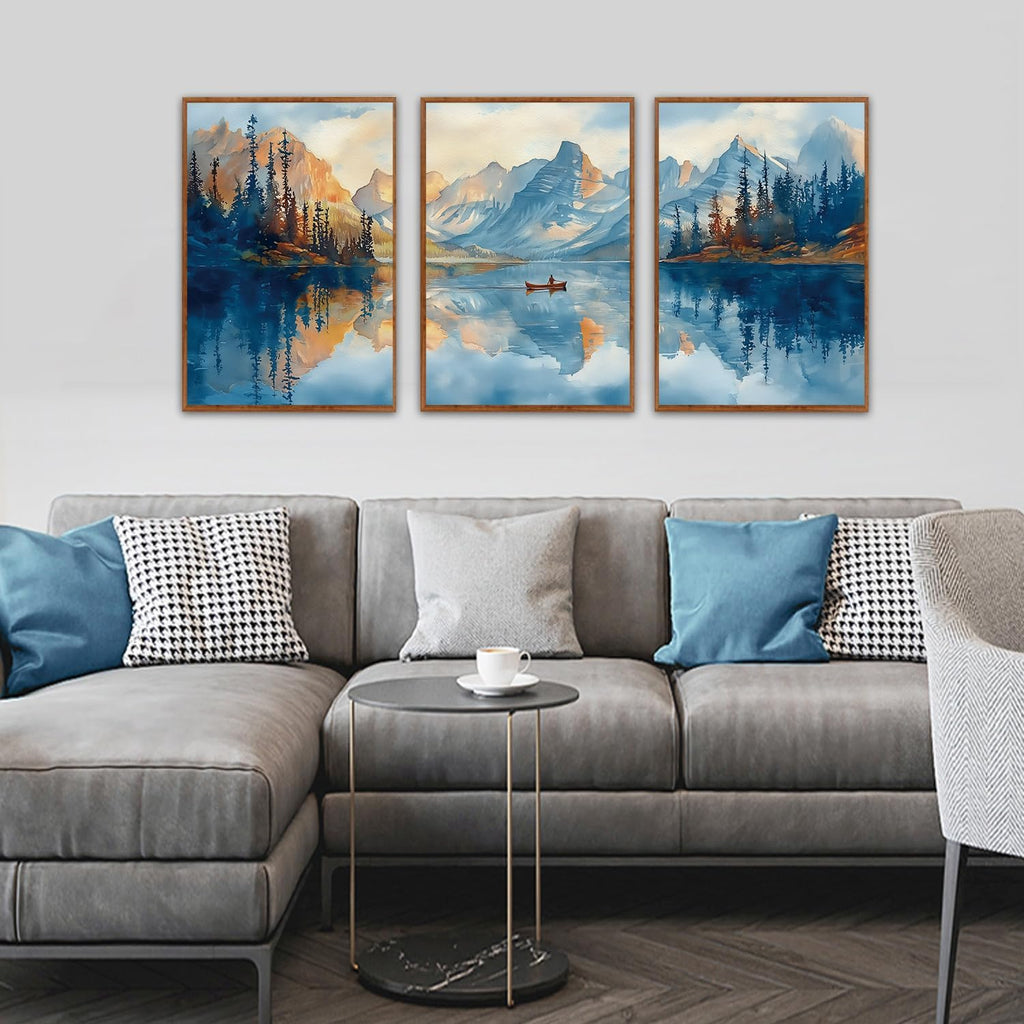 KAIRNE Landscape Wall Art Set of 3(24'X36'),Abstract Forest Canvas Paintings,Watercolor Blue Mountain Lake Prints,Framed Nature Scenery Artwork for Living Room Bedroom Home Office Gallery Decoration